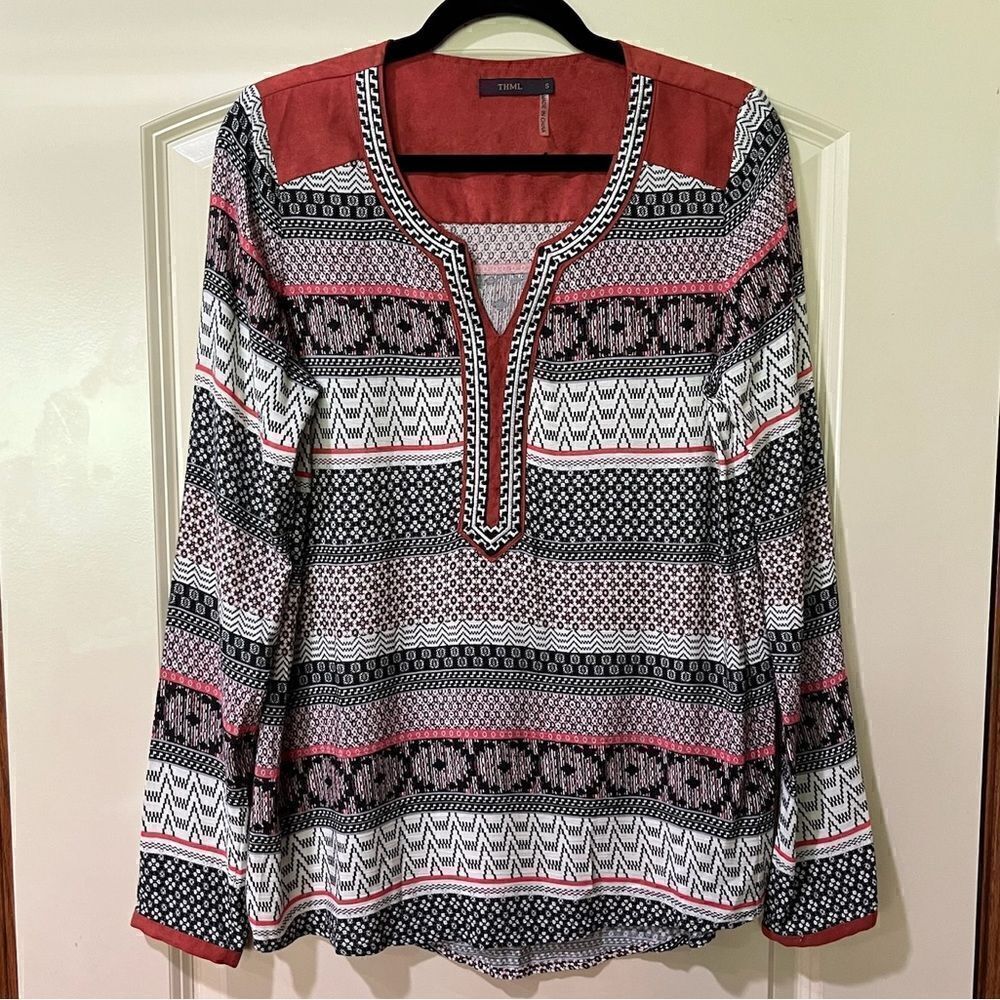 ANTHROPOLOGIE THML Stripe Mosaic Print Top Black Beige Orange Women’s Size Small